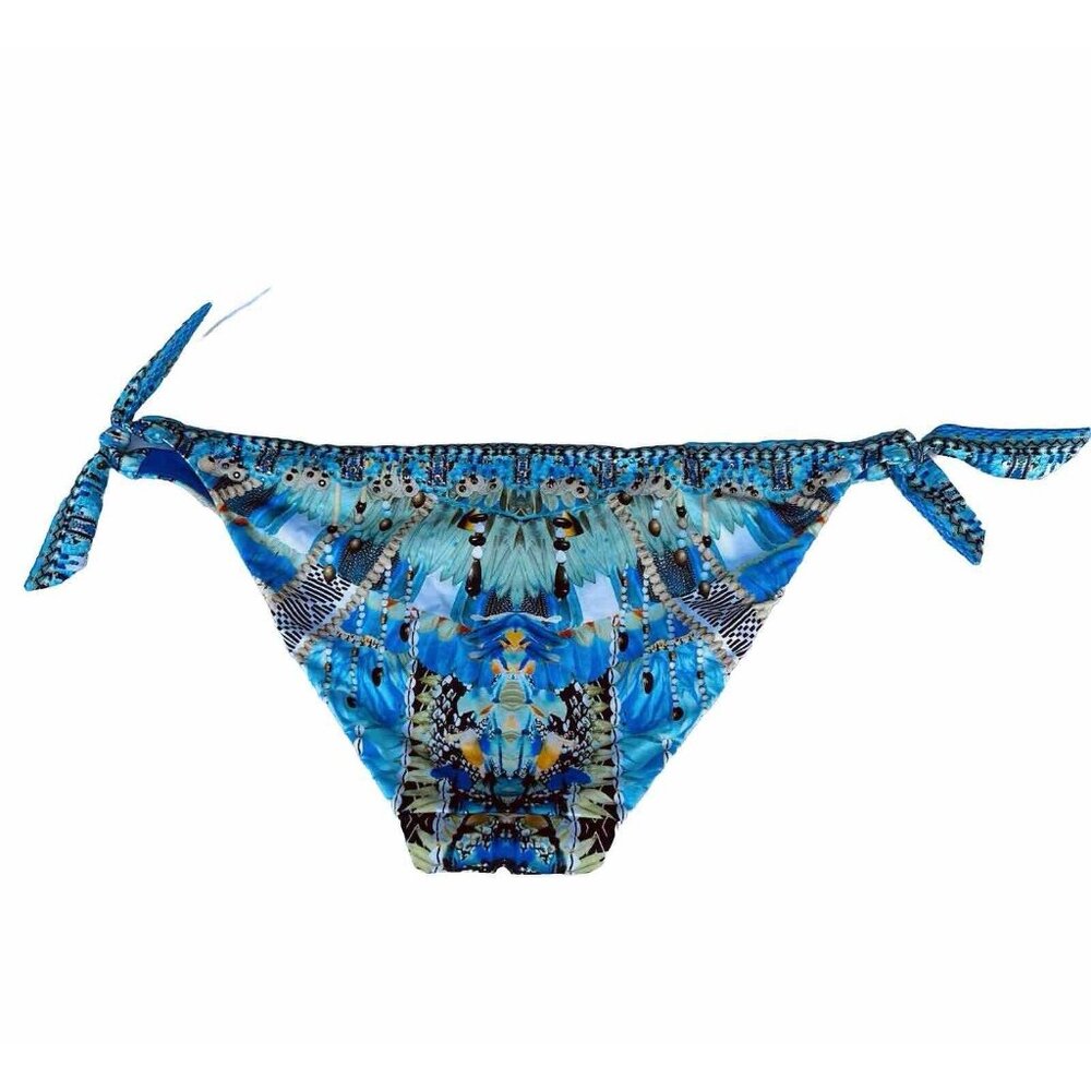 Camilla - Women's XL Bikini Bottom Side Tie Adjustable Blue Gem Beaded Luxury
